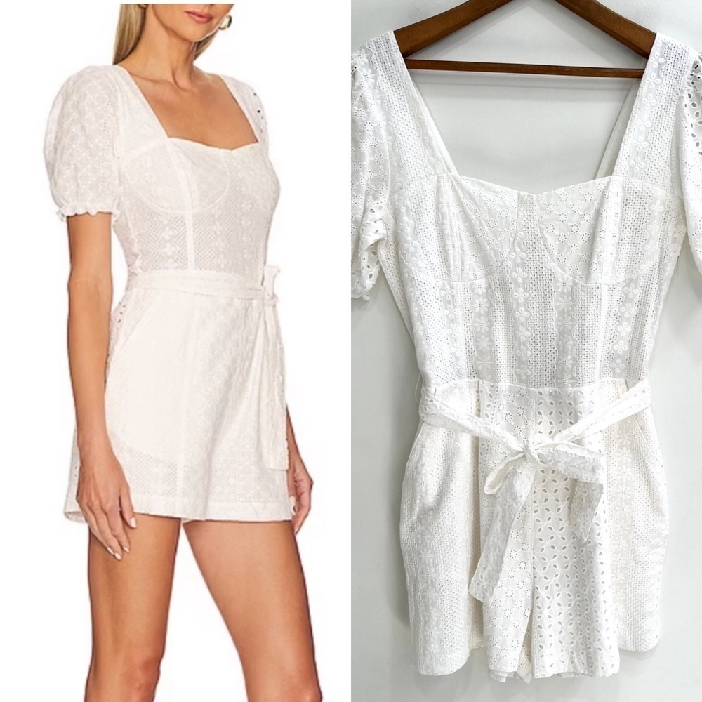 Blank NYC White Eyelet Puff Sleeve Romper Downtown Vibes Coastal Cowgirl Large